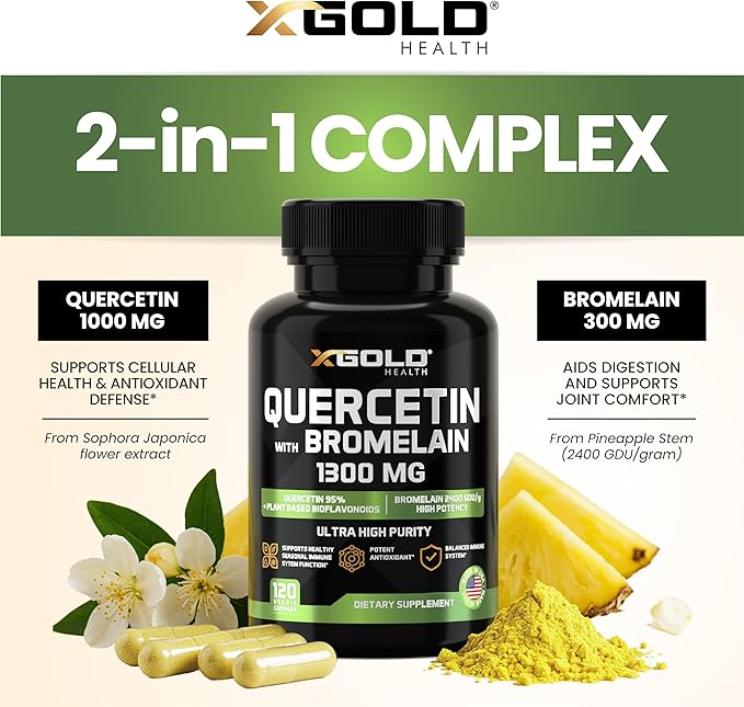 Quercetin + Bromelain 1,300mg – Quercetin: 95% - Highly Purified and Highly Bioavailable Plus Bromelain 2,400 GDU/g - Made in USA | 120 Caps