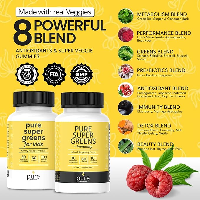 Super Greens Multivitamin Gummies for Kids - Adult Immune Support Gummies - 30 Superfoods Vegan Supplements - Natural Raspberry Flavor (60 Count)