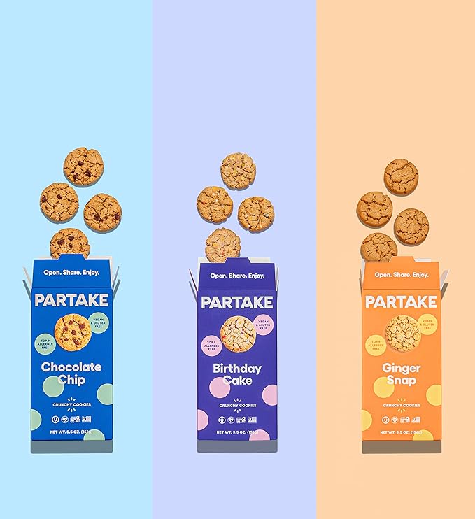 Partake Gluten Free Crunchy Cookies Variety Pack (Chocolate Chip, Ginger Snap, Classic Graham Cracker) - Vegan - Free From the Top 9 Allergens Including Dairy, Wheat, Soy, Eggs, & Peanuts - Non GMO - Safe School & Office Snack (3 Pack, 5.5oz Boxes)