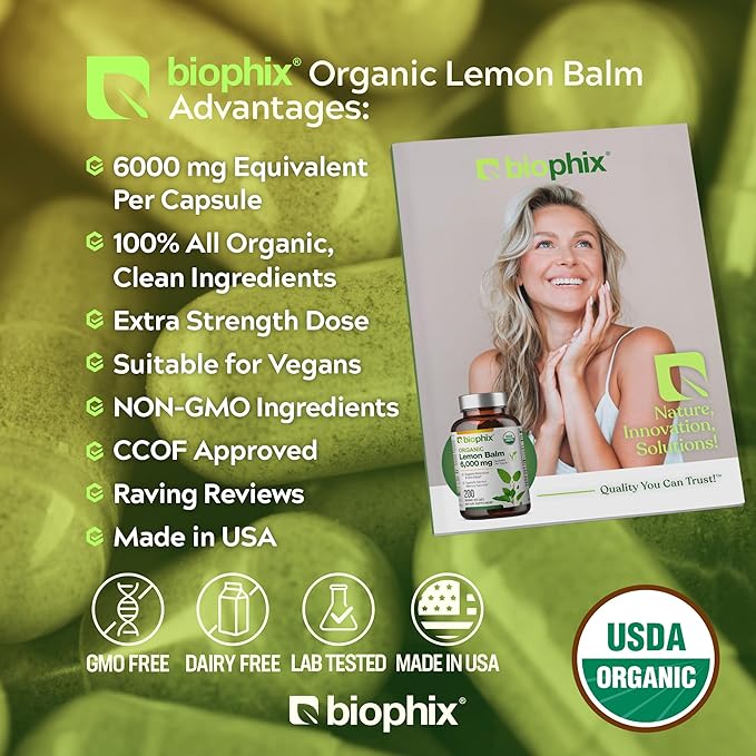 biophix Lemon Balm Capsules USDA Organic 20:1 Extract 300 mg 200 Veggie Caps - Cognitive Health Stress Sleep Mood Support Natural Herbal Supplement