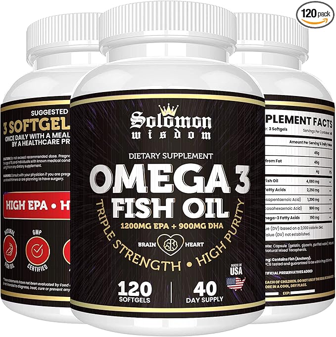 SOLOMON WISDOM Omega 3 Fish Oil - Dietary Supplement for Healthy Heart & Brain - 120 Soft Gel Capsules with High EPA 1200mg & DHA 900mg - Burpless, Odorless with Natural Lemon Flavor