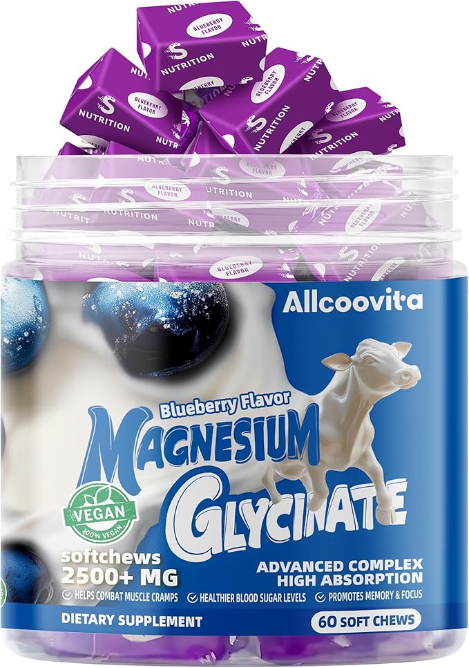 Magnesium Glycinate Soft Chews, Blueberry Flavor.Chewable Sugar Free Potassium Magnesium Chews with Magnesium Glycinate, Vitamin D, B6, and CoQ10 for Calm Support & Sleep for Adults, 60 Days Supply