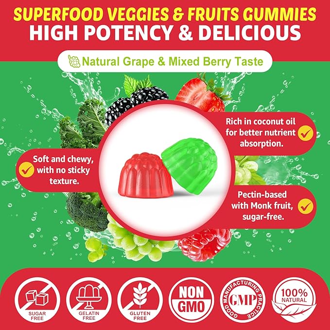 Superfood Fruits and Veggies Gummies w/Spirulina, Chlorella, Kale, Mushrooms, Prebiotics, Multi-Vitamins, 50+Greens, Fruit and Vegetable to Boost Immunity, Energy Levels & Gut Health Sugar Free 120Cts