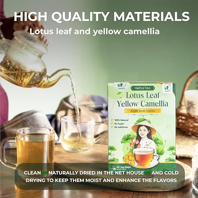 NMPT Dried Lotus Leaf Yellow Camellia Tea, Handpicked, Organic Herbal Tea, 40 Sachets, Cold-Dried, Gluten-Free, No Added Sugar, Mild Sweet Flavor, Supports Overall Health