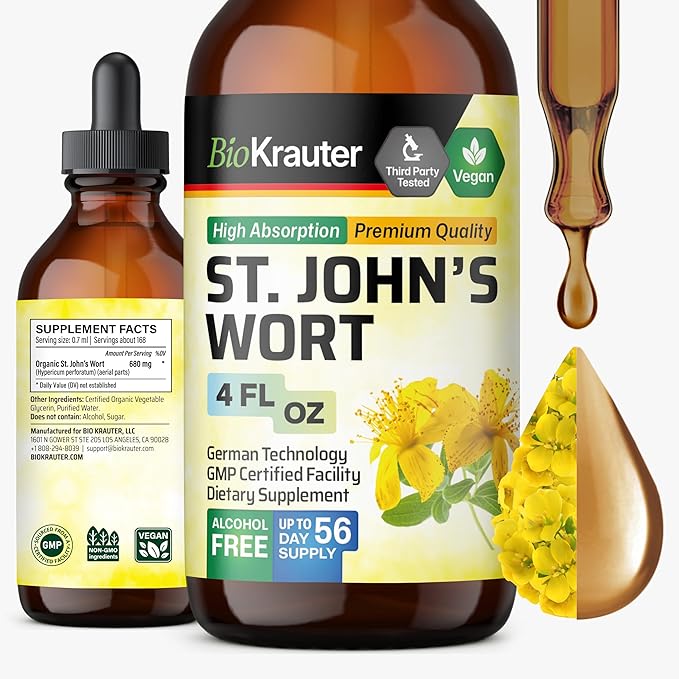 BIO KRAUTER St Johns Wort Tincture - Hypericum Perforatum Liquid Extract for Mood Support - High Absorption - St Johns Wort Alcohol Free Vegan Drops 4 Fl.Oz.
