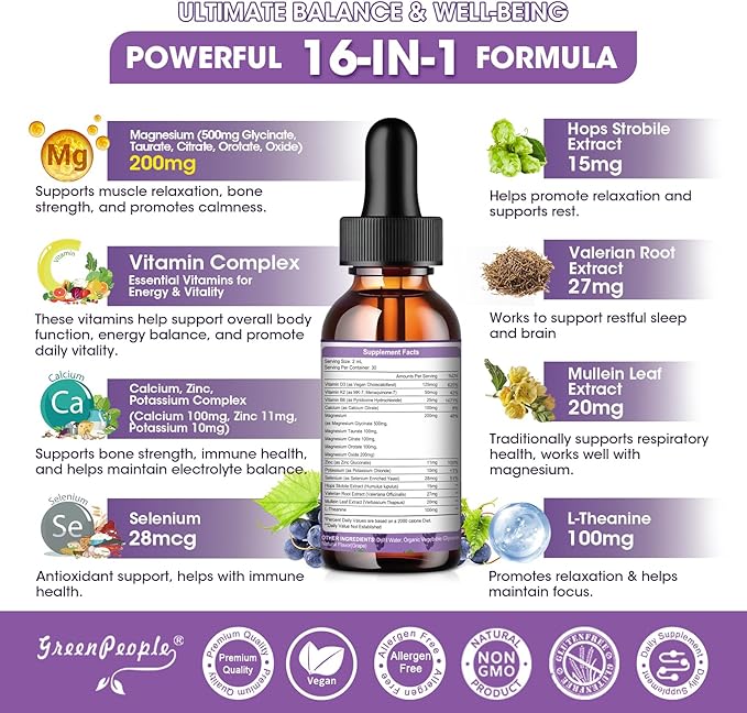Magnesium Glycinate Liquid Drops - 1000mg 5-in-1 High Absorption Liquid Magnesium for Sleep with D3/K2/B6 | Fast-Acting, Bone, Muscle & Sleep | Sugar-Free Grape Flavor, 2fl Oz