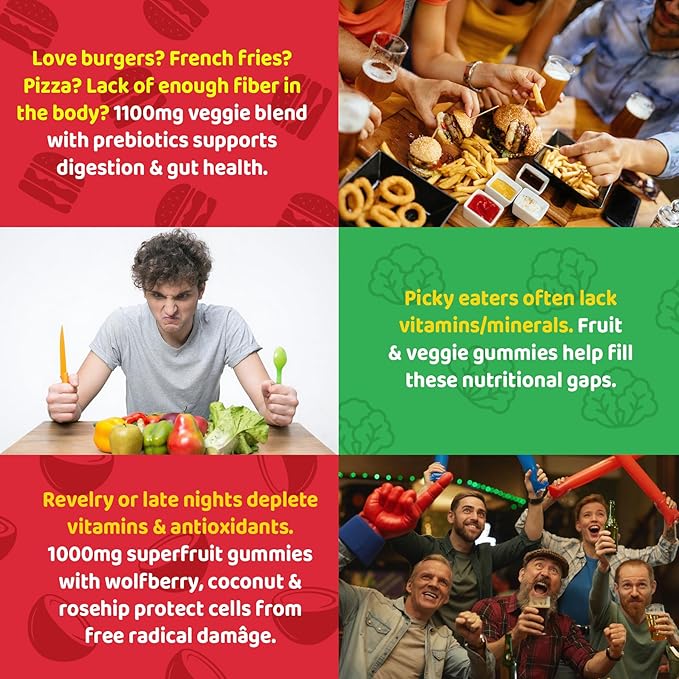 Superfood Fruits and Veggies Gummies w/Spirulina, Chlorella, Kale, Mushrooms, Prebiotics, Multi-Vitamins, 50+Greens, Fruit and Vegetable to Boost Immunity, Energy Levels & Gut Health Sugar Free 120Cts