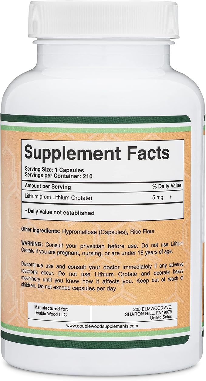 Lithium Orotate 5mg of Elemental Lithium for Cognition and Brain Health, 210 Capsules (Third Party Tested, Vegan Safe, Non-GMO) by Double Wood Supplements