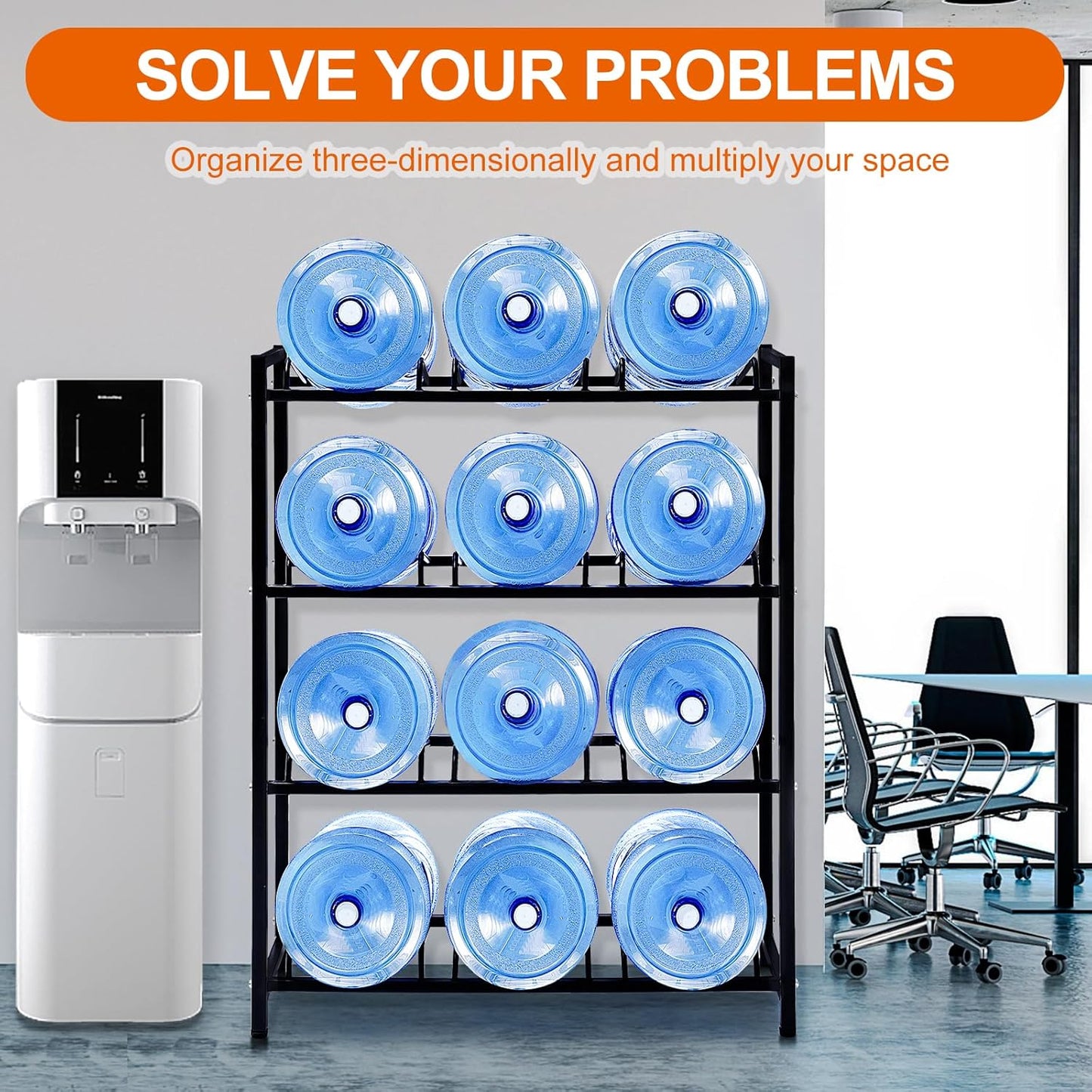 5 Gallon Water Dispenser Jug Holder Heavy Duty Water Cooler Jug Rack and 4 Tier Water Storage Rack with 12 Slots for Gallon Jugs (Black)