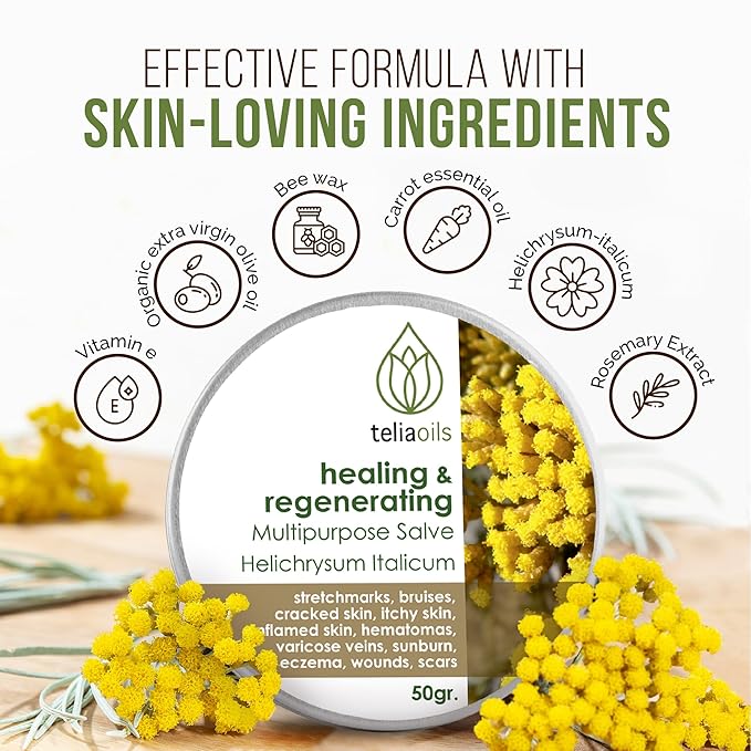 Teliaoils Helichrysum Italicum Multipurpose Salve | Helichrysum Oil | Soothing & Hydrating Relieving Balm | Irritated Skin, Stretch Marks, Varicose Veins & Wrinkles | Adults & Kids | 1.7oz/ 50gr |