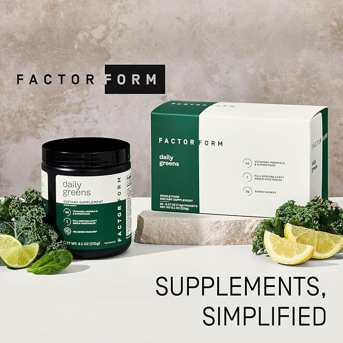 FACTOR FORM Daily Greens Superfood Powder | 5 Functional Blends for Gut Health, Energy & Immunity | Prebiotics, Probiotics, Adaptogens, B Vitamins (30 Servings, Jar)