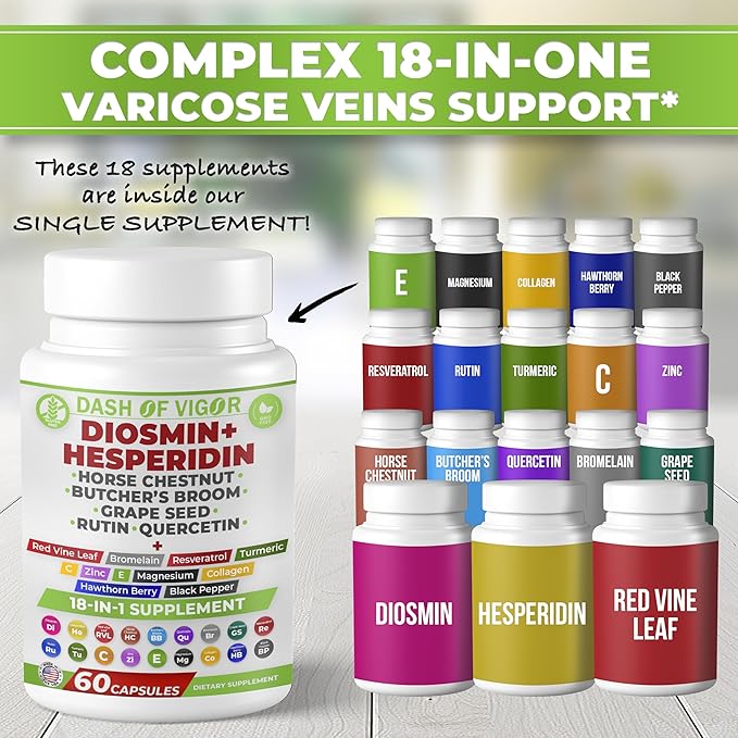 Dash of Vigor 18-in-1 Diosmin Hesperidin Supplement, Quercetin with Bromelain, Zinc, Vitamin C with Rutin Supplement, Horse Chestnut Extract, Butcher's Broom Extract, USA, 60 Capsules