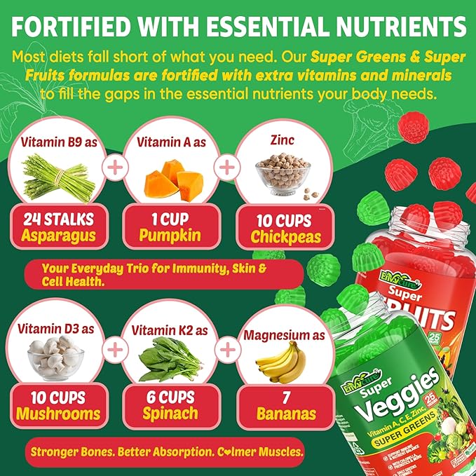 Superfood Fruits and Veggies Gummies w/Spirulina, Chlorella, Kale, Mushrooms, Prebiotics, Multi-Vitamins, 50+Greens, Fruit and Vegetable to Boost Immunity, Energy Levels & Gut Health Sugar Free 120Cts