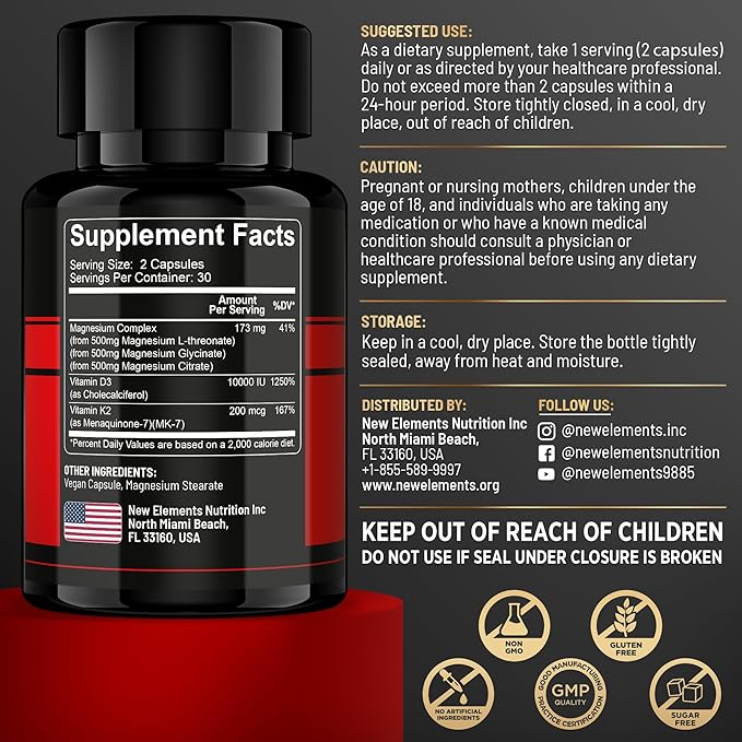 Magnesium Complex L-Threonate, Glycinate, Citrate with Vitamin D3 10,000 IU & K2 MK-7 ā Brain, Bone & Immune Support ā 60 Vegan Capsules ā High Absorption, Non-GMO