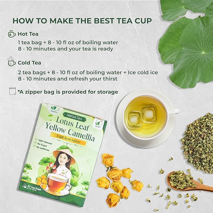 NMPT Dried Lotus Leaf Yellow Camellia Tea, Handpicked, Organic Herbal Tea, 40 Sachets, Cold-Dried, Gluten-Free, No Added Sugar, Mild Sweet Flavor, Supports Overall Health