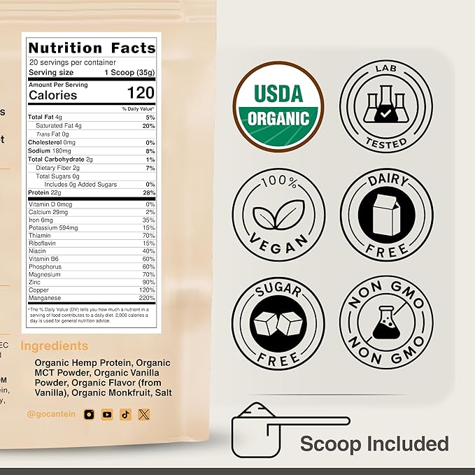 Organic Hemp Protein Powder, Plant Based and Vegan Protein Shake, Lactose and Dairy Free, Gluten Free, Clean and Natural- Vanilla (20 Servings)