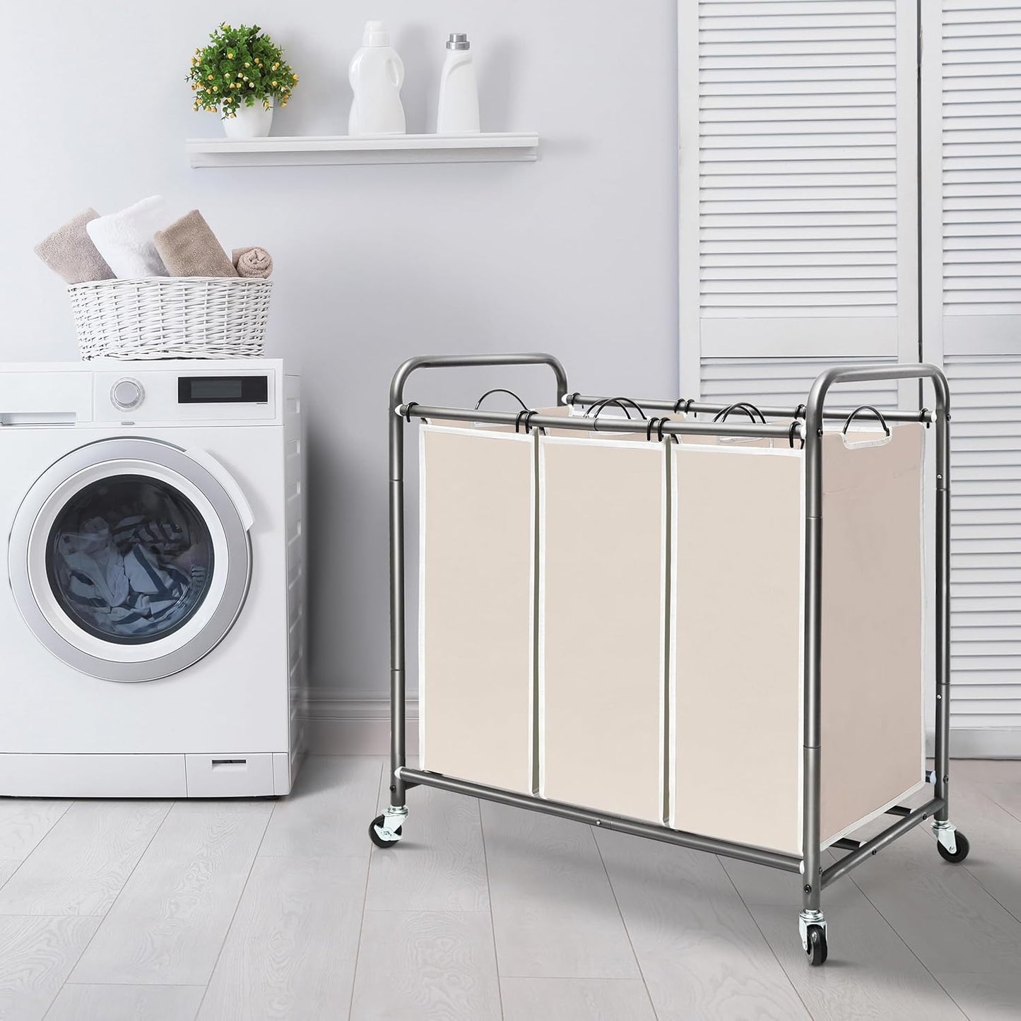 STORAGE MANIAC 3 Section Laundry Sorter, 35.9 Gal (136 L) Laundry Hamper Cart with Heavy Duty Rolling Lockable Wheels and Removable Bags, Clothes Organizer Basket Clothes Separator Hamper, Beige