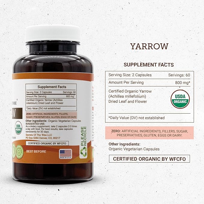 Secrets of the Tribe Yarrow 120 Capsules, 800 mg, USDA Organic Yarrow (Achillea millefolium) Dried Leaf and Flower (120 Capsules)