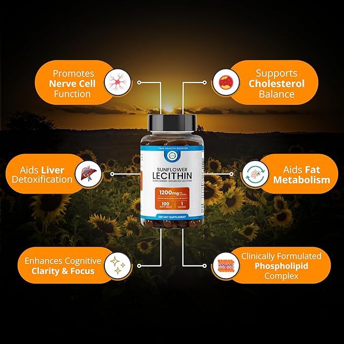 Sunflower Lecithin 1200 MG 100 Softgels, 100-Day Supply Guaranteed Pure, Non-GMO, Soy-Free, Supports Brain, Heart, Nerve, Liver Health, Cognitive Function, Healthy Cholesterol, High Absorption Formula