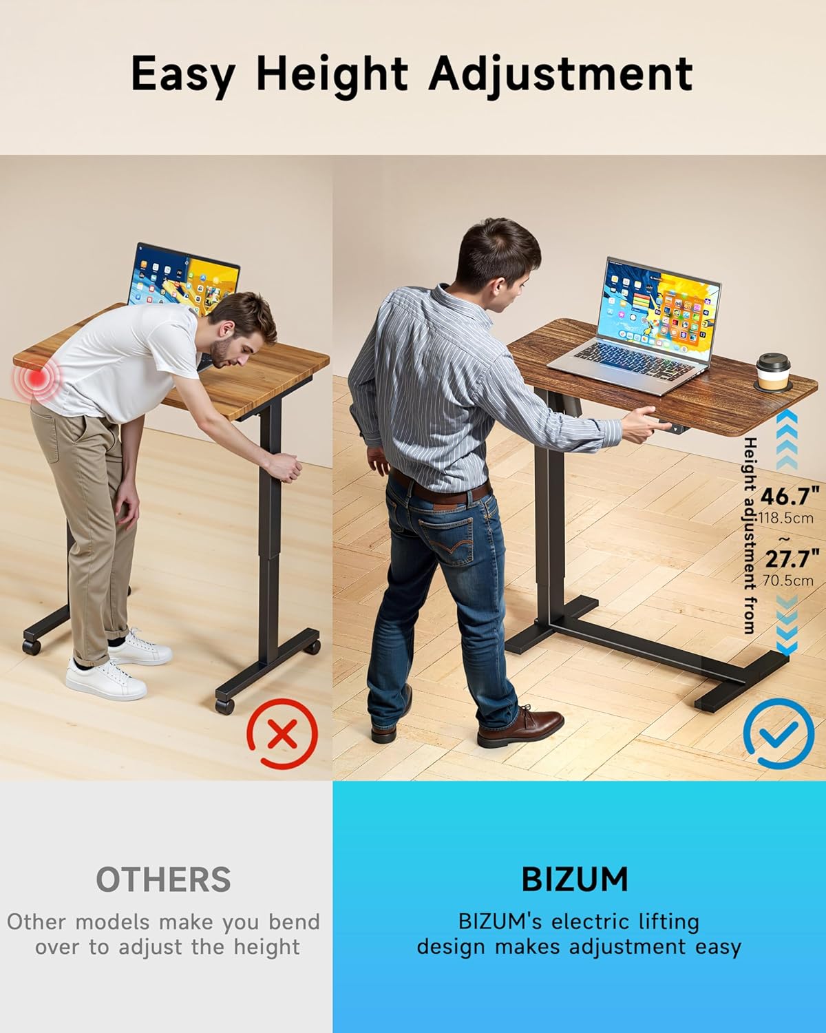 BIZUM Small Electric Standing Desk Bedside Table with Hidden Wheels 31.5 x 15.8 Inch Adjustable Computer Laptop Office Desk, Walnut