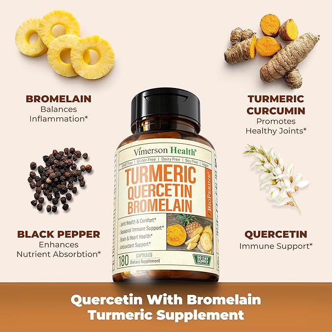 Quercetin with Bromelain Turmeric Curcumin Supplement – Allergy Relief, Joint & Immune Support – Organic Turmeric Supplement with Black Pepper (Bioperine) – 180 Quercetin 500mg Capsules