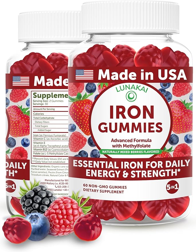 Lunakai USA Made 100% Daily Value Iron Gummies with Vitamin C, B12 & Methylfolate – Vegan Iron Supplement for Women, Men & Kids – Non-GMO Iron Gummy for Energy & Strength, 60ct