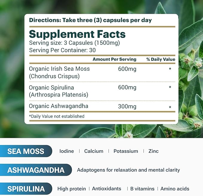 Sea Moss with Spirulina and Ashwagandha Blend Capsules, Mood, Immune Support & Stress Relief, Micro Ingredients & Antioxidants Source ā Non-GMO, Vegan Superfood Supplement, 90 Count