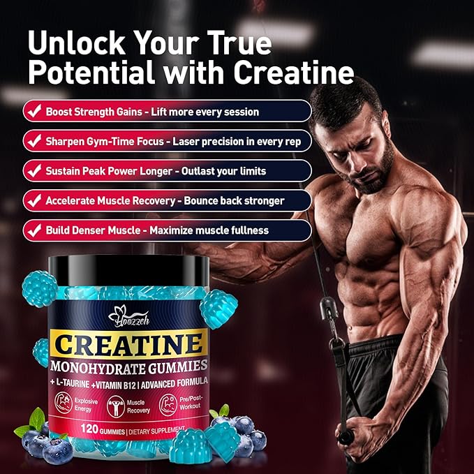 Creatine Monohydrate Gummies for Men & Women, Creatine Supplement, Chewables Creatine Gummy for Energy & Strength Support, Gluten-Free, Blueberry Flavor, 120 Count