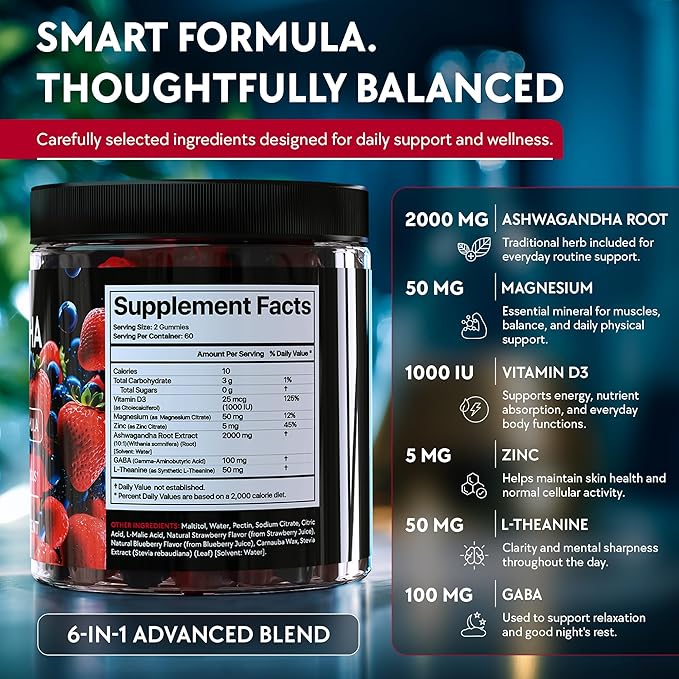 Ashwagandha Gummies – 120 Count - 2000 MG Ashwagandha Supplements with L-Theanine, GABA, Magnesium, Zinc & Vitamin D3 – Sugar-Free, Vegan, Non-GMO–Natural Support for Balance (120 Count)