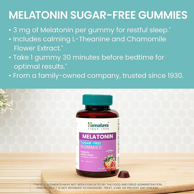 Himalaya Melatonin Sugar-Free Gummies, Supports Restful Sleep, Vegan, Gluten-Free, 3 mg Melatonin, 60 Gummies