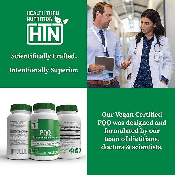 Health Thru Nutrition PQQ 20mg 60 Servings Pyrroloquinoline Quinone as PureQQ | Promotes Mitochondrial Biogenesis | Certified Vegan | Non-GMO Gluten Soy Free Capsules| Clean Label PQQ Supplement