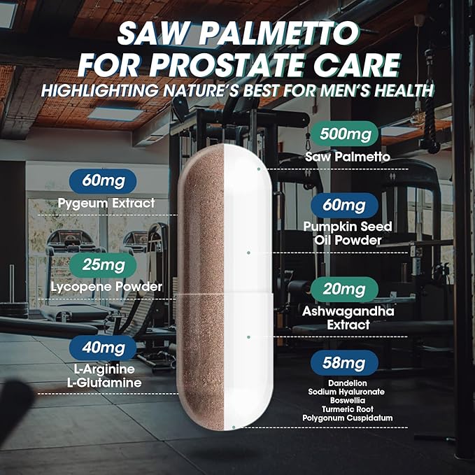 Saw Palmetto for Men 500mg - Prostate Health Supplements for Men DHT Blocker with Pumpkin Seed Oill, Pygeum - Urinary Health and Hair Support, 60 Count