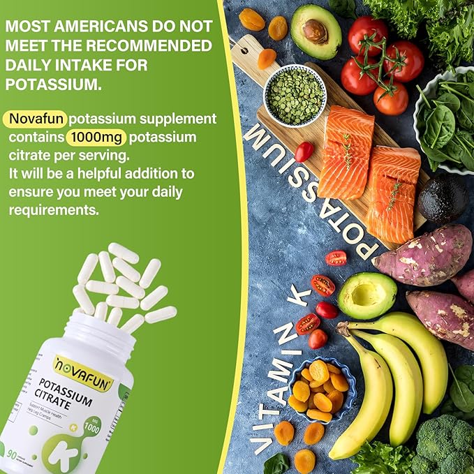 Potassium Citrate 1000mg, Potassium Supplement for Leg Cramps, Muscle & Heart Health, Vegan, Non-GMO, Gluten Free, 90 Capsules