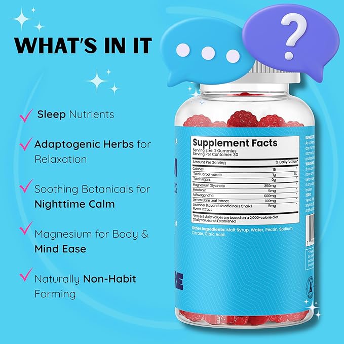 Sleep Gummies with Magnesium Glycinate, Melatonin, Ashwagandha, and Lavender – Extra Strength Sleep Support Gummies, Magnesium and Melatonin Supplement, 120 Count, 2 Month Supply