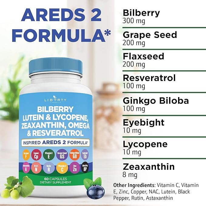 Eye Health Vitamins with Bilberry, Lutein & Zeaxanthin, Lycopene, Resveratrol, Grape Seed Extract Flaxseed Astaxanthin- AREDS 2-180 Capsules