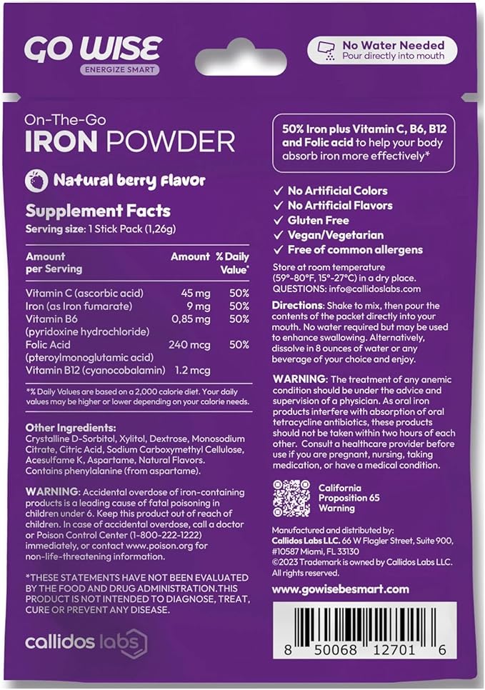 Go Wise Iron Powder - 14 Stick Packs with Vitamin C, B6, B12 and Folic Acid for Direct Consumption, No Water Needed - Gentle Iron Supplement for Women and Adults
