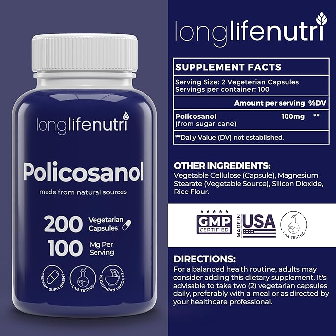 Policosanol 100mg - 200 Vegetarian Capsules, Natural Sugar Cane Supplement for Balanced Cholesterol, 3-Month Supply, Non-GMO, Lab Tested, Made in USA