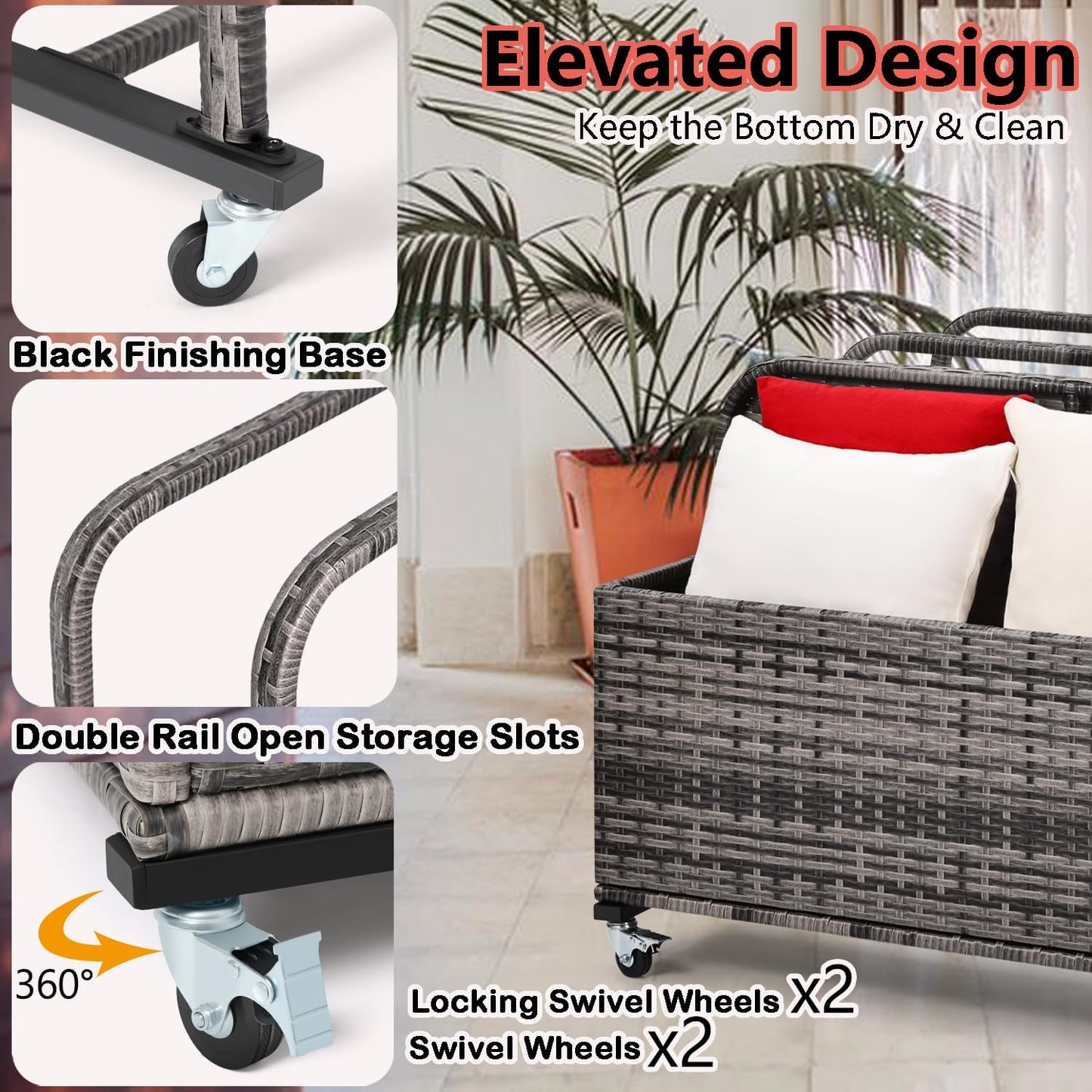 Poolside Float Storage Organizer,Pool Toy Storage Holder with Wicker Basket Outdoor Pool Float Holder Rack Rolling Poolside Caddy Cart Raft Rack for Pool Noodle Equipment Mixed Grey