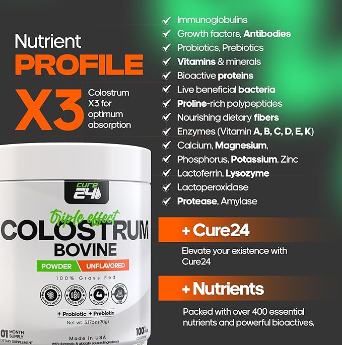 Bovine Colostrum X3 Supplement Powder for Humans, 100% Pure Whole Natural Grass Fed Superfood, High IgG, Plus Probiotic & Prebiotic, Unflavored, Made in USA