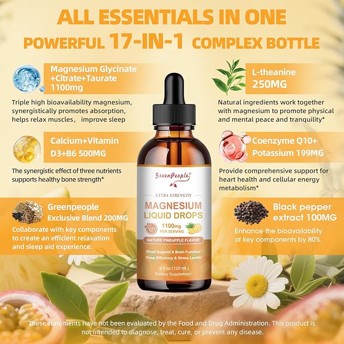 Magnesium Glycinate Liquid Drop - 17-in-1 4Fl. Oz Triple Magnesium Complex Supplement with Glycinate 400mg & Citrate 500mg Taurate/L-Theanine for Calm Mood/Muscle/Sleep,Pineapple Flavor