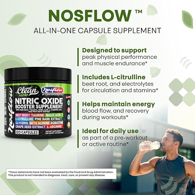 NosFlow Nitric Oxide Supplements for Men | Beet Root Taurine L-Arginine Malic Acid L-Arginine L-Citrulline Pine Bark Glycerol Agmatine Grape Seed Vitamin C B12 B3 by Clean Nutra
