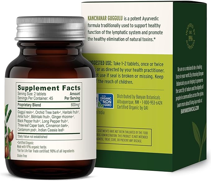 Banyan Botanicals Kanchanar Guggulu Tablets – Organic Lymph Supplement with Guggulu Resin – Promotes The Healthy Elimination of Natural Toxins* – 90 Tablets – Non-GMO Sustainably Sourced Vegan