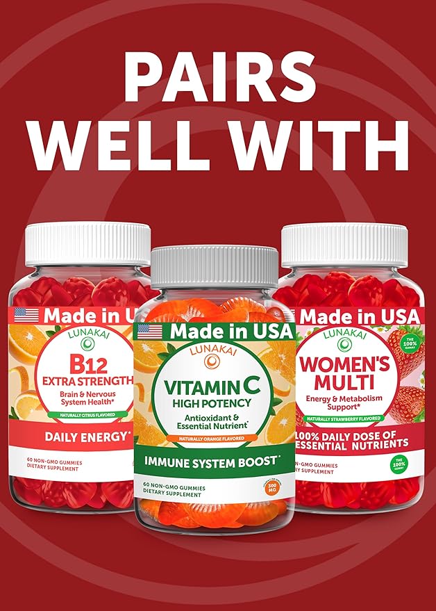 Lunakai USA Made 100% Daily Value Iron Gummies with Vitamin C, B12 & Methylfolate – Vegan Iron Supplement for Women, Men & Kids – Non-GMO Iron Gummy for Energy & Strength, 60ct