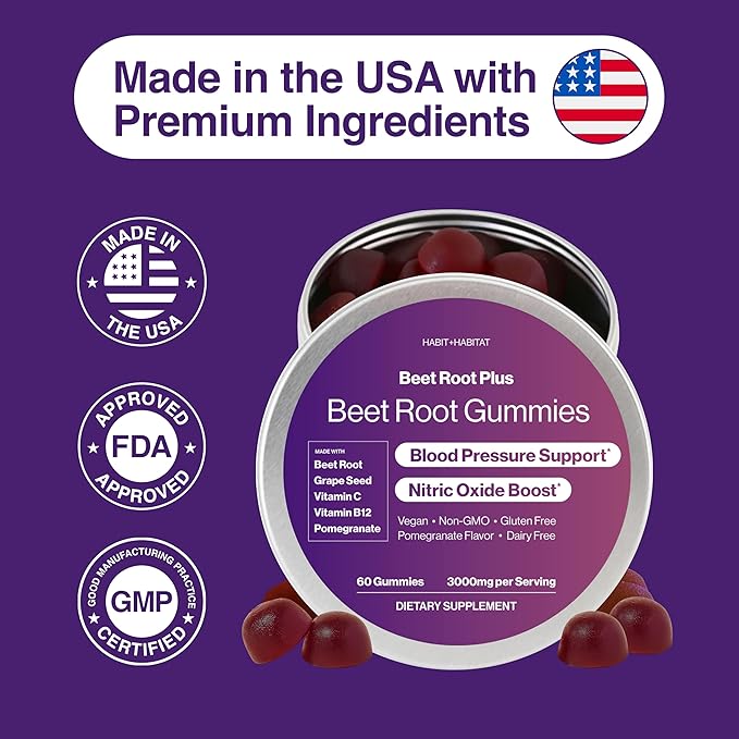 Beet Root Gummies - Nitric Oxide Supplements for Men & Women, Supports Healthy Blood Circulation - Non-GMO, Gluten-Free Beetroot Supplement - Pomegranate Flavor - 60 Gummies