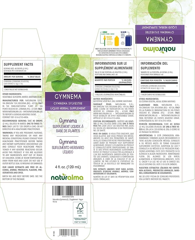 Naturalma Gymnema (Gymnema sylvestre or Marsdenia sylvestris) Leaf Alcohol-Free Tincture - 4 fl oz Liquid Extract in Drops - Herbal Supplement - Vegan