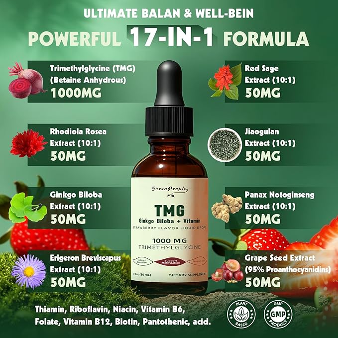 TMG Supplements 1000MG Liquid - 16-in-1 Trimethylglycine for Liver, Energy & Methylation Support - w/Ginkgo Biloba & Vitamins - Vegan High Absorption - Strawberry Flavor 1 Fl.Oz (2 Pack)