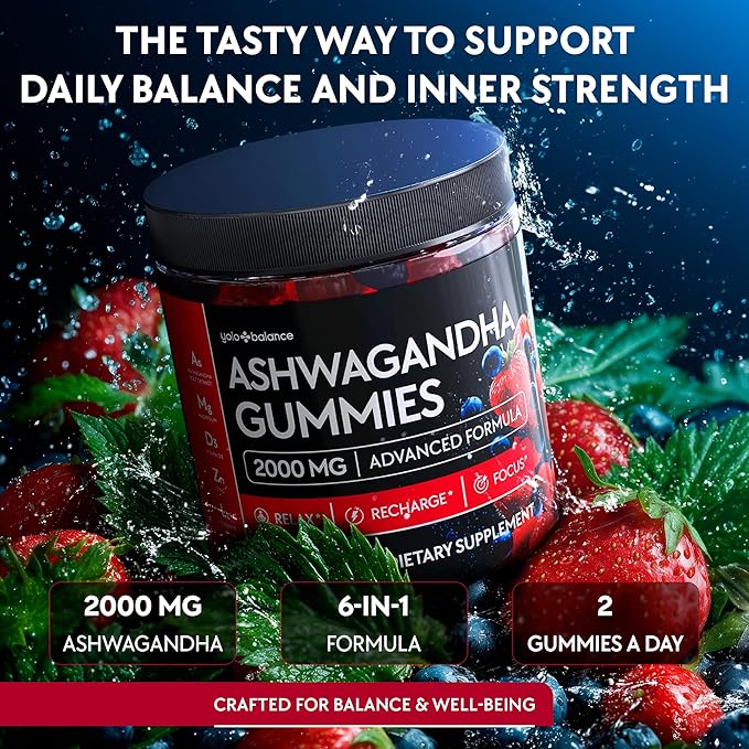 Ashwagandha Gummies – 120 Count - 2000 MG Ashwagandha Supplements with L-Theanine, GABA, Magnesium, Zinc & Vitamin D3 – Sugar-Free, Vegan, Non-GMO–Natural Support for Balance (120 Count)