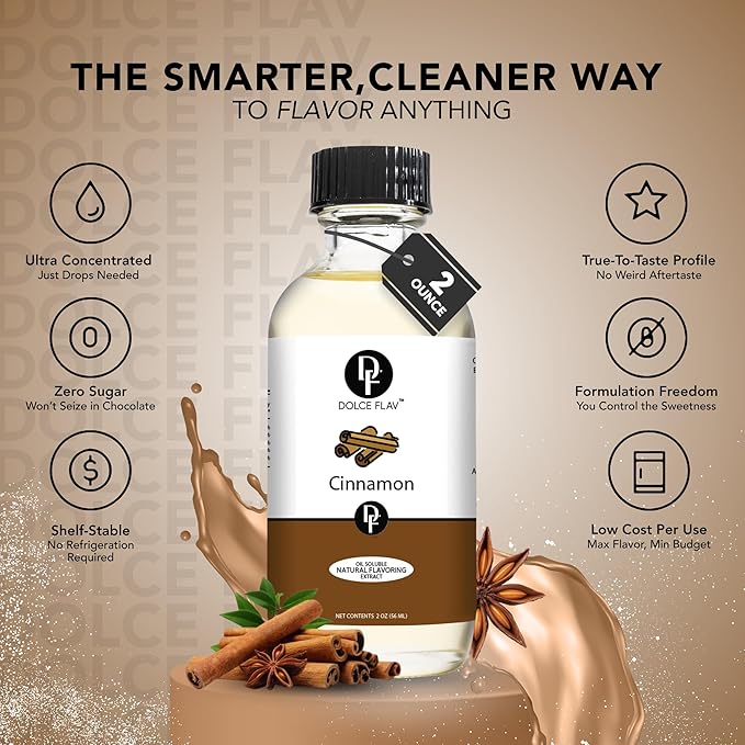 Dolce Flav Natural Cinnamon Extract Oil 2 oz – Kosher, Sugar-Free, Concentrated Spice Flavor for Candy, Chocolates & Desserts, Includes Measured Dropper