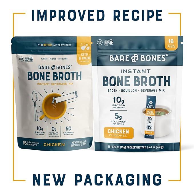 Bare Bones Chicken Bone Broth Instant Powdered Mix | Rich Savory Packets on-the-Go No Artificial Flavors | Keto & Paleo Friendly | 10g Protein | 32 Pack