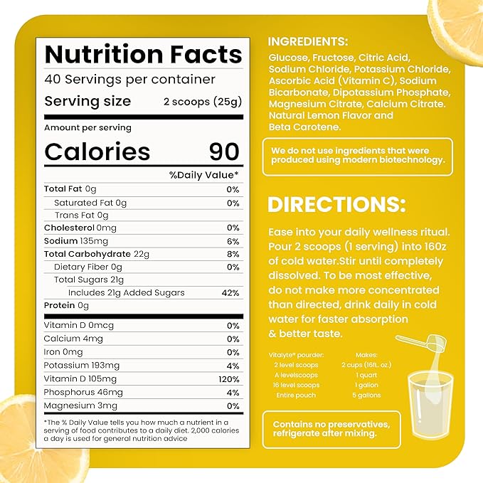 Vitalyte Electrolyte Powder Drink Mix, Isotonic Electrolyte Hydration Mix, Gluten Free Post Workout Powder Mix, Pack of 2, 35 oz. Each, Lemon Flavor